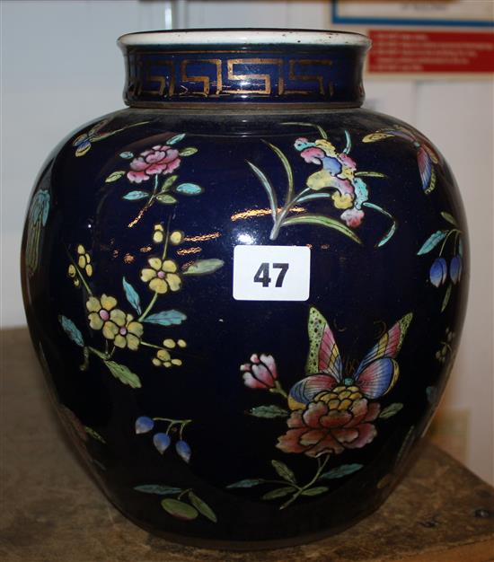 Blue lidded floral & insect enamelled jar